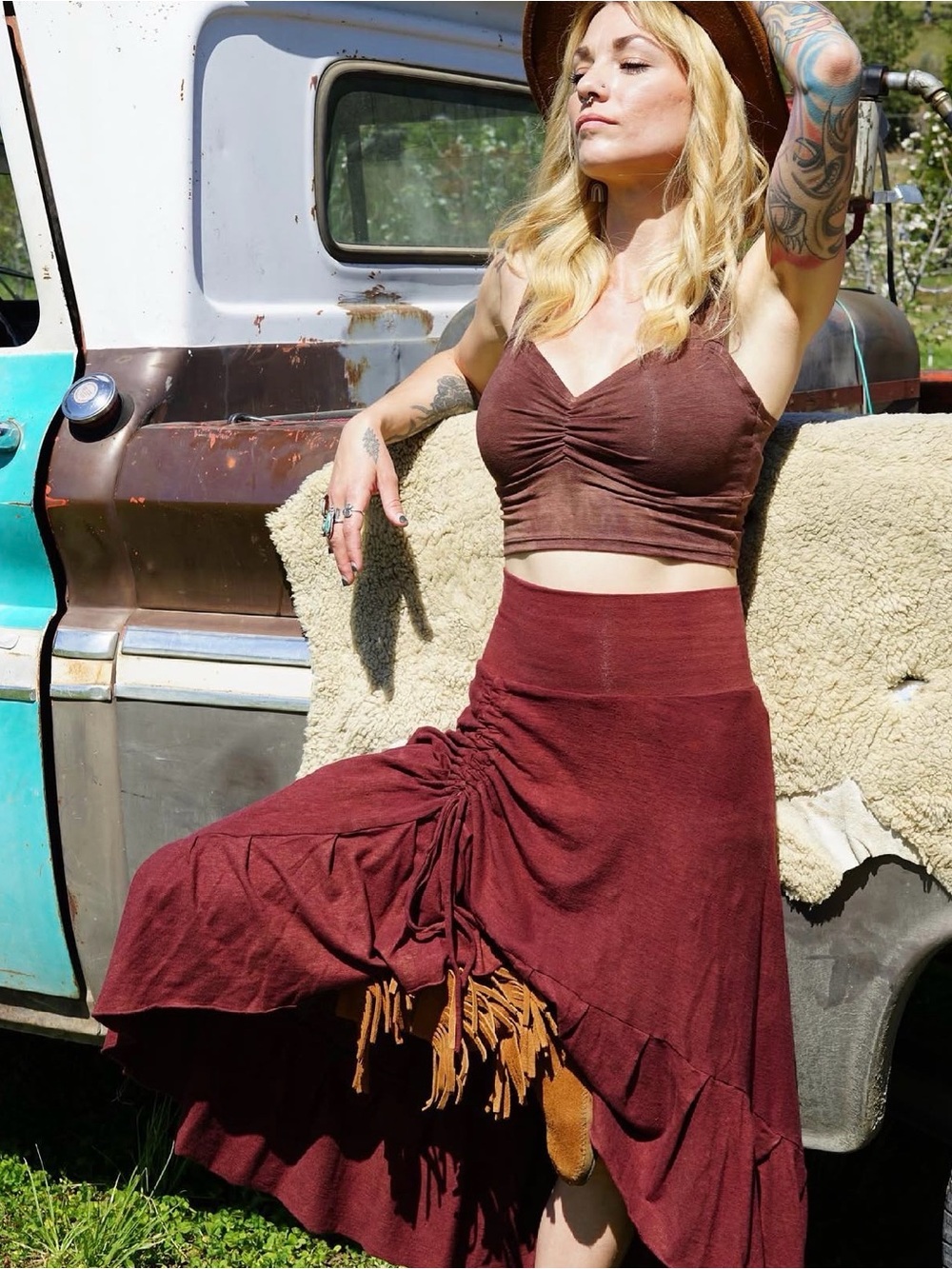 Calico alchemy High-Waist Ruched Midi Skirt in Burgundy